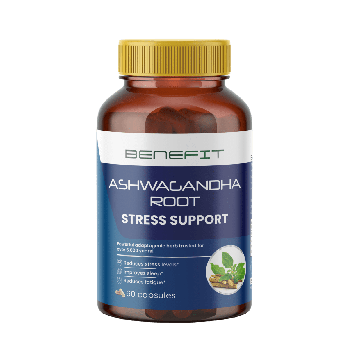 Билков екстракт Ашуаганда от BENEFIT NUTRITIONS, в капсули за подкрепа на нервната система и енергия.