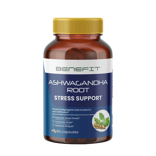 Билков екстракт Ашуаганда от BENEFIT NUTRITIONS, в капсули за подкрепа на нервната система и енергия.