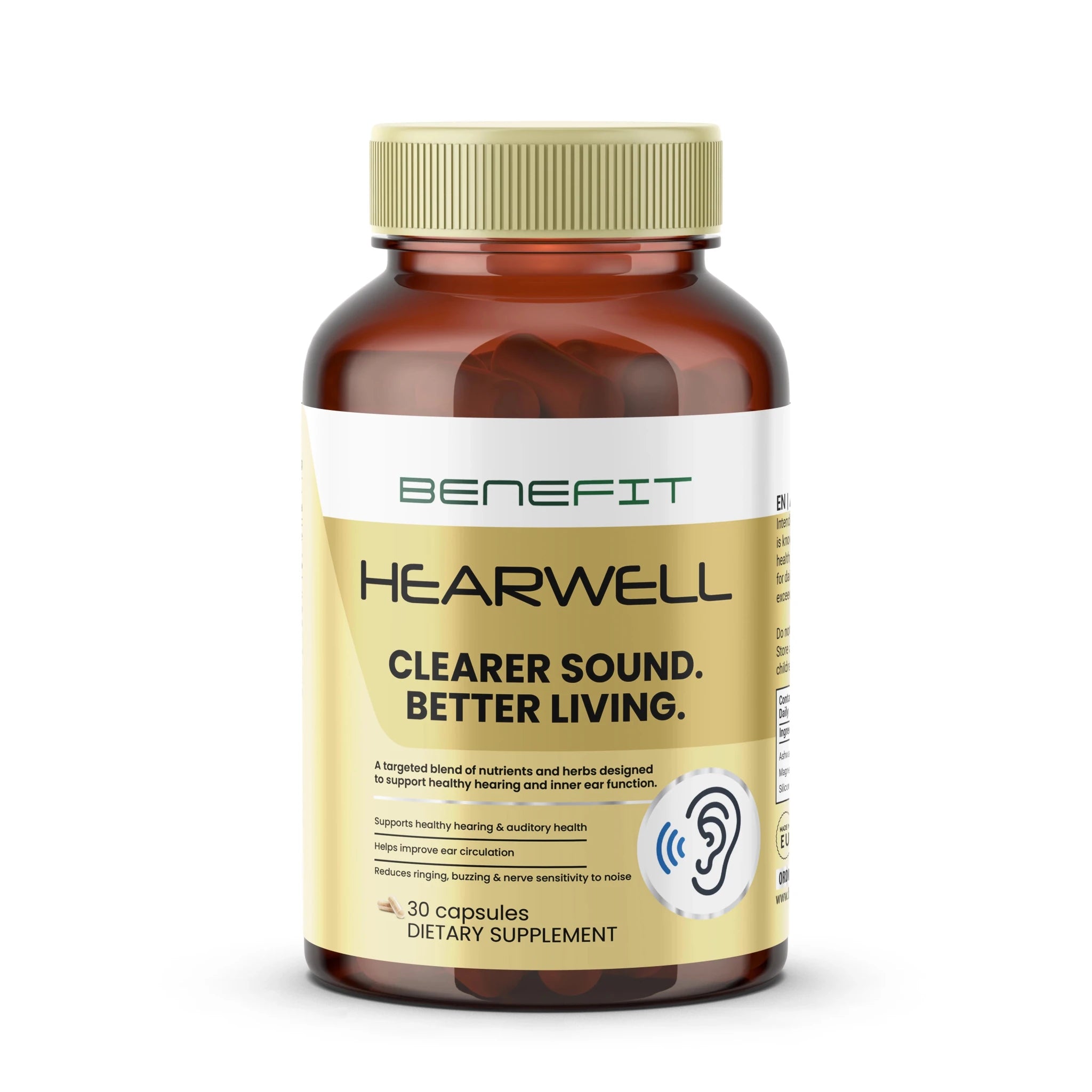 Мокъп изображение на слушалки HEARWELL от BENEFIT BG, показващи дизайн и форма на слушалките на бял фон.